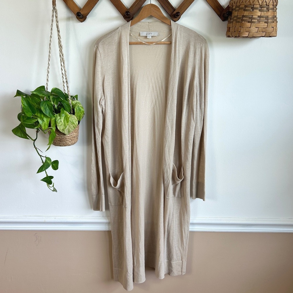 LOFT Womens Beige Ramie Viscose Open Front Longline Duster Cardigan Size M